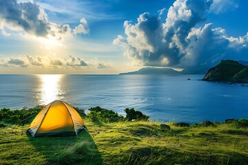 camping tent with beautiful scenery landscape in the background, healthy active summer outdoor lifestyle no people