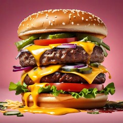 AI Generative image of towering multi-layer cheeseburger with lettuce, onion, and tomato on a sesame bun