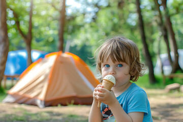 child eating ice cream near the tent in a summer park