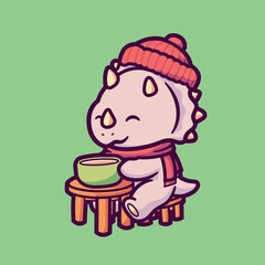 Obraz premium cartoon dinosaur vector illustration design drinking hot tea