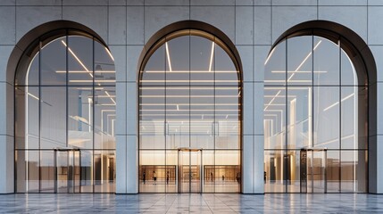 A stunning glass facade with a series of arched doorways creating a modern and minimalistic entrance to a building.