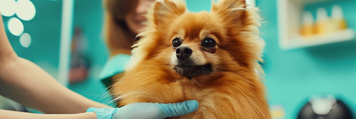 red spitz dog and female veterinarian doctor in veterinary clinic for pets