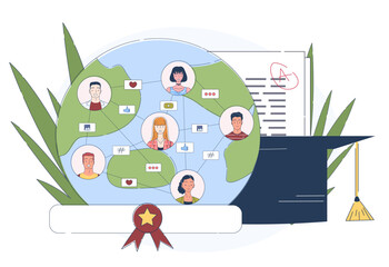 International graduates simple. Men and women avatars with planet. International communication and interaction. Education and training. Doodle flat vector illustration isolated on white background