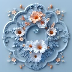 Exquisite 3D floral composition with peach and white flowers set against a soft blue baroque-inspired background.