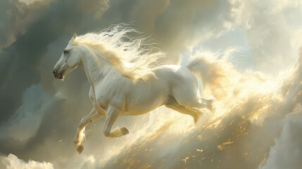 Obraz na płótnie Canvas An albino Horse is flying.
