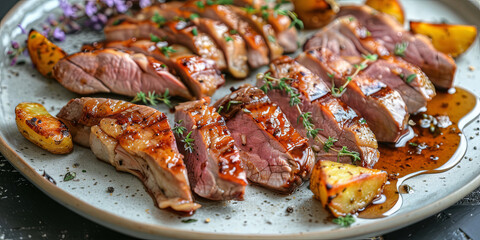 a plate of perfectly grilled meat, sliced and served with roasted potatoes and herbs, generative AI