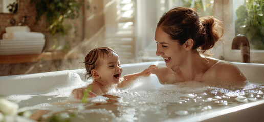 A mother and her toddler daughter laughing in the bathtub, steamy water, modern bathroom