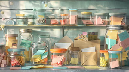Jars, Boxes, and Envelopes Filled with Gratitude Notes and Happy Memories - obrazy, fototapety, plakaty