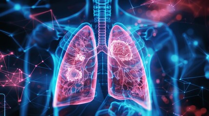 A blue and orange lung is shown in a computer generated image. - obrazy, fototapety, plakaty