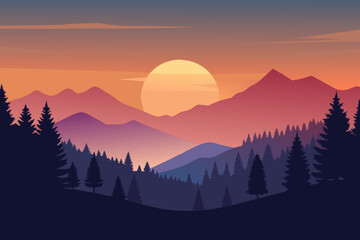 illustration of sunset with magical forest