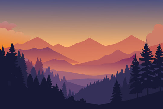 illustration of sunset with magical forest