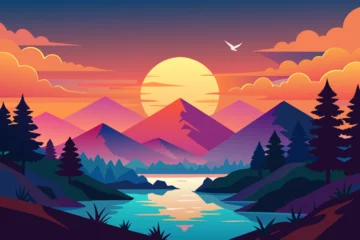 Foto op Canvas  sunrise cloud glossy style colourful mountains silhouette vector illustration © CreativeDesigns