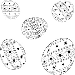 Line art of 5 Easter eggs decorated with ornament. Vector illustration of Easter eggs decorated with pattern. Painting style. Festive treat and celebration of Easter holiday.
