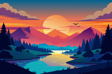 Fototapeta na wymiar sunrise cloud glossy style colourful mountains silhouette vector illustration