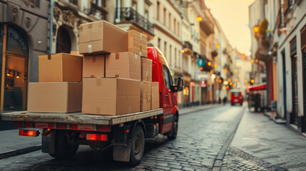 A red truck is parked on a city street with a large number of boxes stacked on truck.