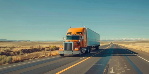 Fototapeta na wymiar A semi truck, colored orange, drives along a highway in the desert