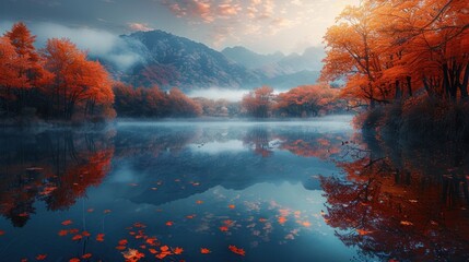 A beautiful autumn day with a lake in the background. The water is calm and the trees are full of leaves. The sky is cloudy and the sun is shining through the clouds