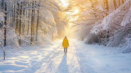 A traveler in a yellow jacket walking along a snow-covered road, surrounded by winter scenery