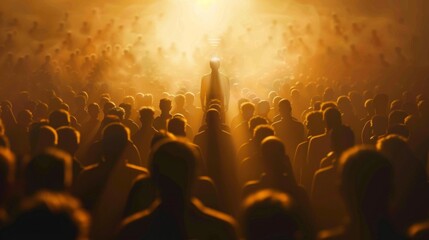 A crowd of people standing in front of a bright, dazzling light, with one person illuminated by a spotlight in the center - obrazy, fototapety, plakaty