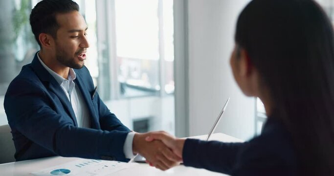 Business people, smile and shaking hands for deal, agreement and b2b partnership negotiation in office. Handshake, laptop and hiring offer for recruitment, interview and financial analyst in meeting
