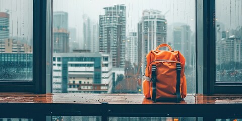 An orange backpack is placed on top of a wooden table, with a city skyline visible through a window in the background