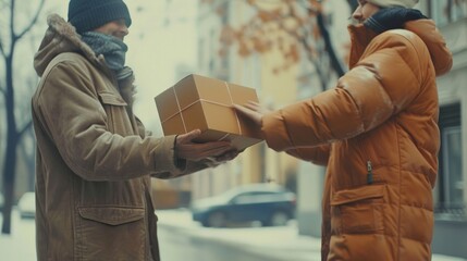 A man is passing a box to another man on the street