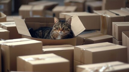 A tabby cat with a curious expression sitting inside a box surrounded by other boxes
