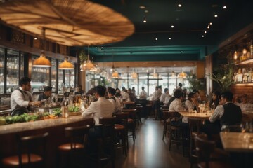 crowded restaurants filled with customers, waiters and bartenders working