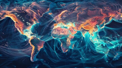 Blue and orange map of the world showing continents and countries in contrasting colors. - obrazy, fototapety, plakaty