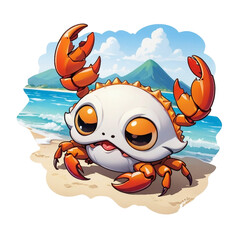 a cartoon drawing of a crab on the beach. a cartoon crab on a beach with a mountain in the background, cute monster