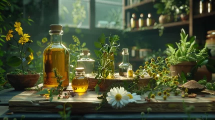 Poster A table with various bottles of oil and flowers neatly arranged on top © tashechka