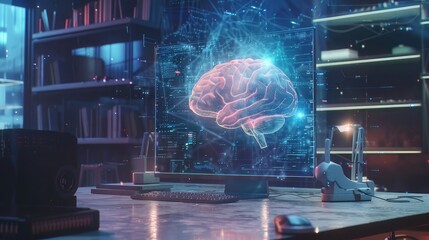 Double exposure of desktop computer and human brain drawing hologram,3d rendering of human brain on technology background represent artificial intelligence and cyber space concept
 - obrazy, fototapety, plakaty