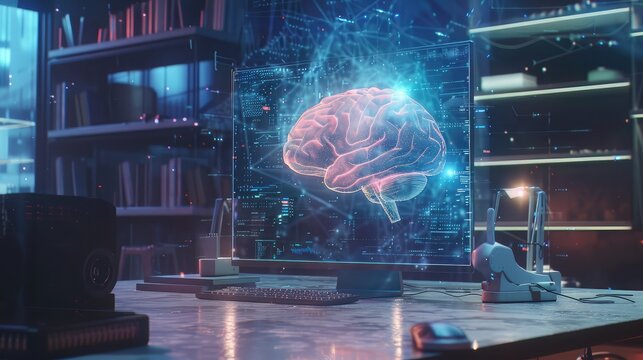 Double exposure of desktop computer and human brain drawing hologram,3d rendering of human brain on technology background represent artificial intelligence and cyber space concept
