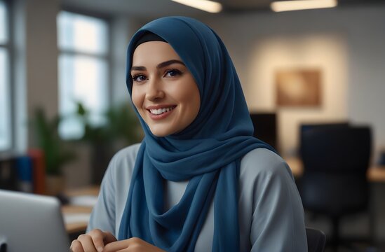 hyper realistic cinematography of a beautiful smilling woman wearing draped in hijab being enterpreneuer influencer in a office with bokeh background
