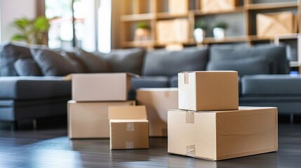 A living room with multiple couches and moving boxes scattered on the floor
