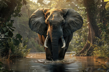 A gray elephant with large tusks wades through the river in an African jungle - obrazy, fototapety, plakaty