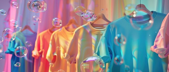 A display of handpainted shirts hanging, fresh bubbles adding an artistic, clean touch , 3D illustration