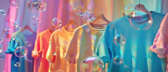 Fototapeta premium A display of handpainted shirts hanging, fresh bubbles adding an artistic, clean touch , 3D illustration