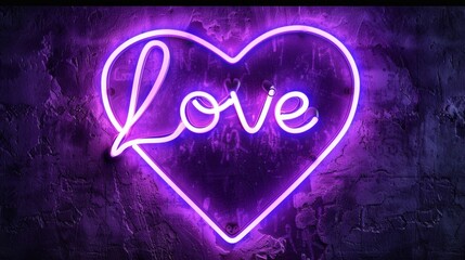 A neon sign shaped like a heart, displaying the word love in bright colors