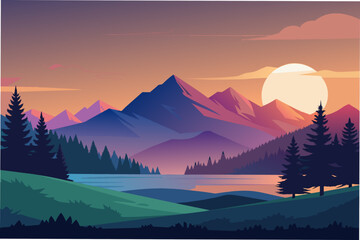 Illustration of mountain with sunset