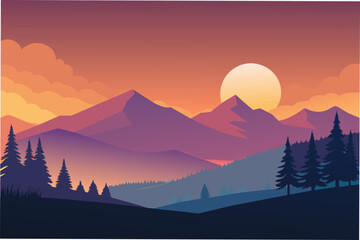 Illustration of mountain with sunset