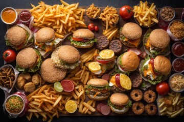 top view of junk food on the table, unhealthy fast food
