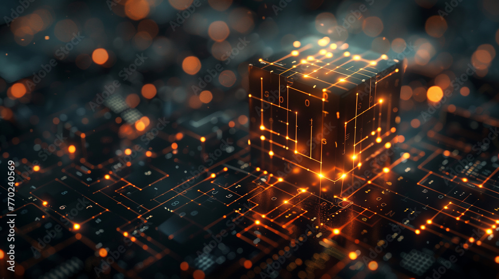 Poster abstract cyber tech background, brown glowing binary circuit lines on 3d black cube, futuristic tech