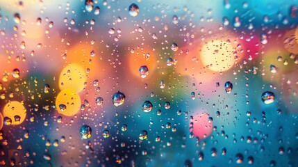 Closeup, random pattern of raindrops on a window, vibrant background, natural light ,super realistic,soft shadowns