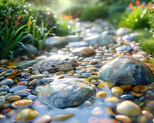 Closeup, random pebbles by a stream, photorealistic, vibrant colors, sunlight ,ultra HD,clean sharp focus