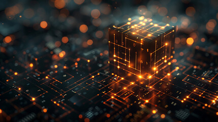 abstract cyber tech background, brown glowing binary circuit lines on 3d black cube, futuristic technology wallpaper, computer motherboard, backdrop for modern tech business presentation or banner - obrazy, fototapety, plakaty