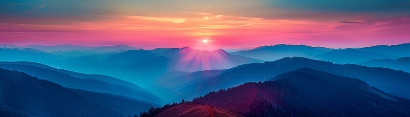 Photorealistic sunset view over a mountain range, vibrant colors, close nature shot ,digital photography,Prime Lenses - obrazy, fototapety, plakaty