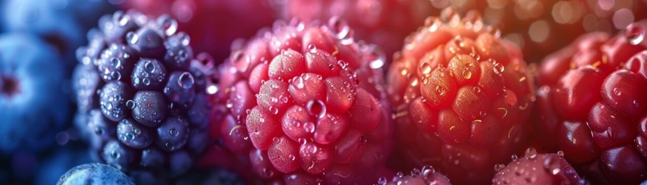 Closeup of dewkissed berries, photorealistic, vibrant colors under natural lighting ,ultra HD,clean sharp focus