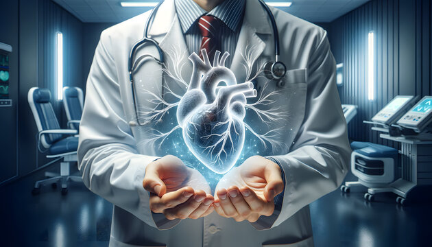 Doctor with stethoscope showing a holographic heart in an advanced medical facility.

