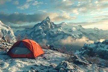camping tent with beautiful scenery landscape in the background, healthy active summer outdoor lifestyle no people